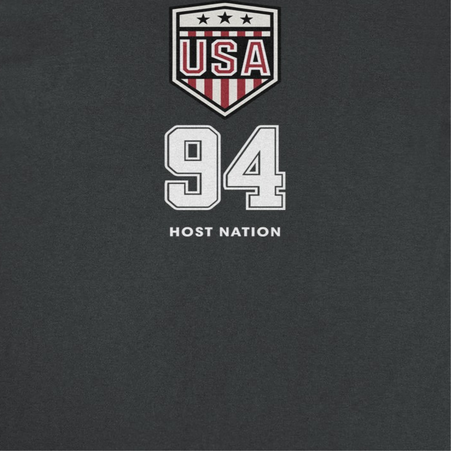 Close-up of USA logo black retro soccer t-shirt featuring shield crest artwork, number 94 detail, and host nation design