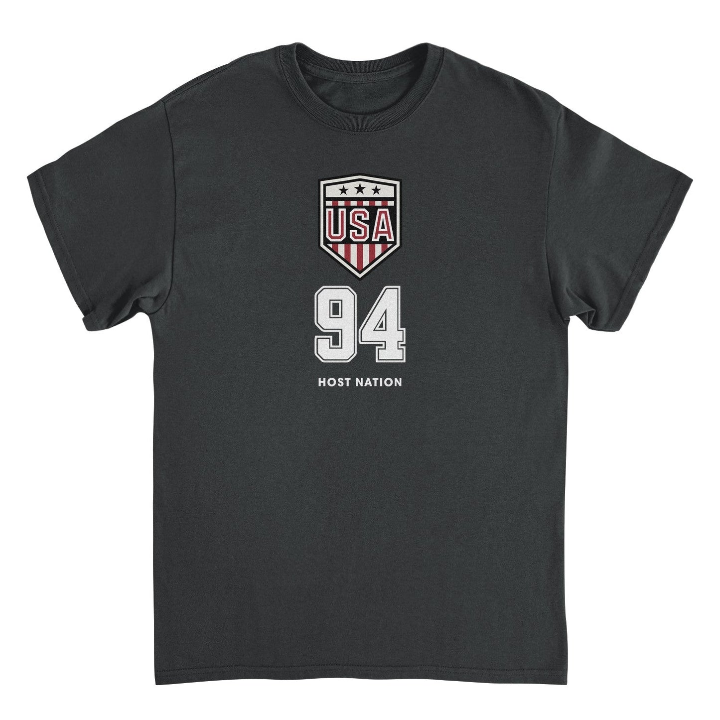 USA logo black retro soccer t-shirt with shield crest artwork, number 94 detail, and host nation design