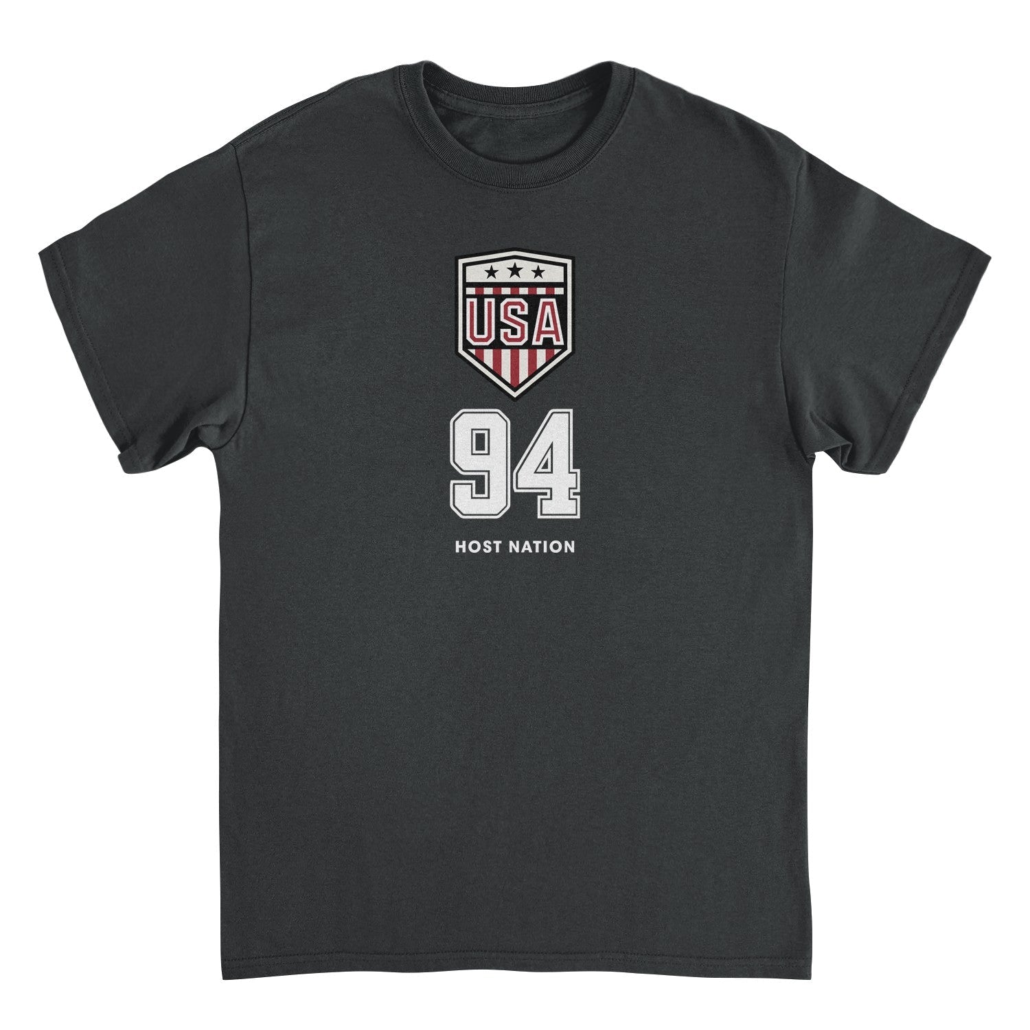 USA logo black retro soccer t-shirt with shield crest artwork, number 94 detail, and host nation design