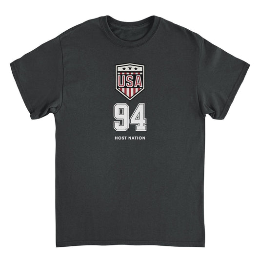 USA logo black retro soccer t-shirt with shield crest artwork, number 94 detail, and host nation design