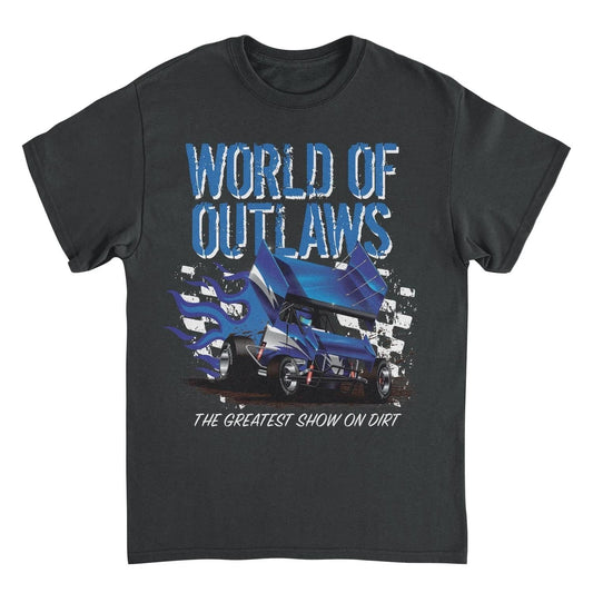 World of Outlaws Blue Fire Black T-Shirt featuring blue sprint car racing graphic with flames and The Greatest Show on Dirt slogan