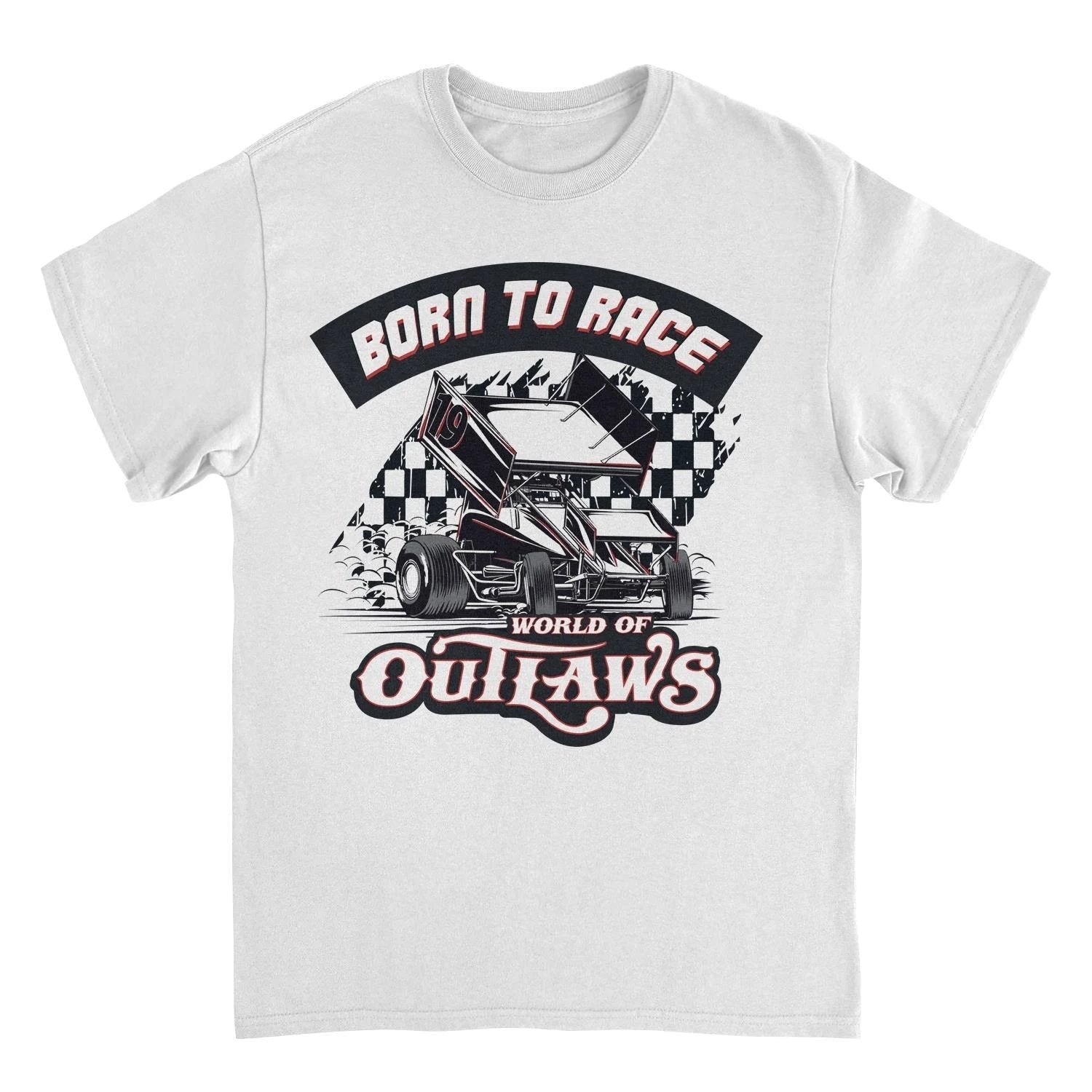 World of Outlaws Born To Race White T-Shirt featuring vintage sprint car graphic and checkered flag racing design