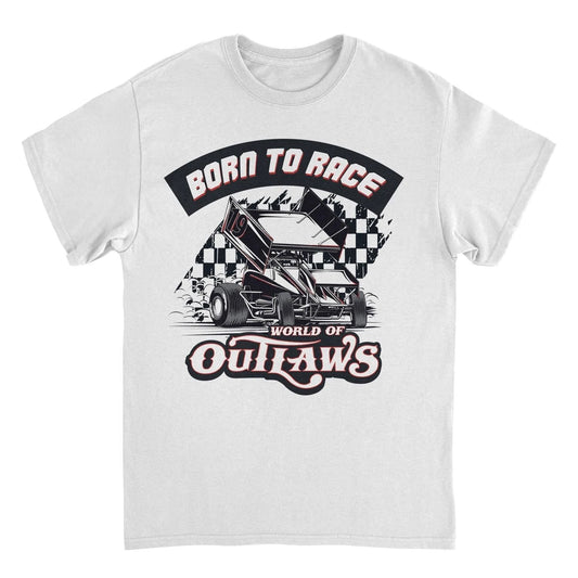 World of Outlaws Born To Race White T-Shirt featuring vintage sprint car graphic and checkered flag racing design