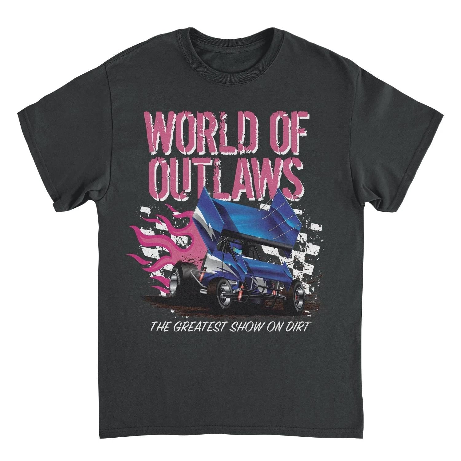 World of Outlaws Grunge Logo Black T-Shirt featuring blue sprint car graphic and The Greatest Show on Dirt racing design