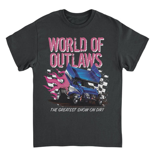 World of Outlaws Grunge Logo Black T-Shirt featuring blue sprint car graphic and The Greatest Show on Dirt racing design