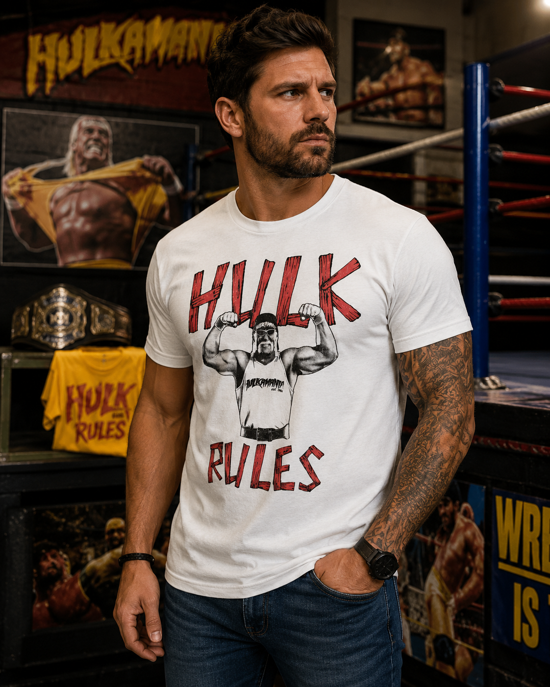 Male model wearing a WWE Hulk Hogan Hulk Rules white t-shirt in a wrestling gym with a ring, championship belt, and Hulkamania memorabilia in the background.