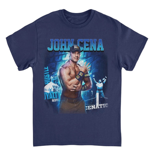WWE John Cena navy t-shirt featuring a large John Cena graphic with blue artwork, Cenation imagery, and officially licensed WWE branding