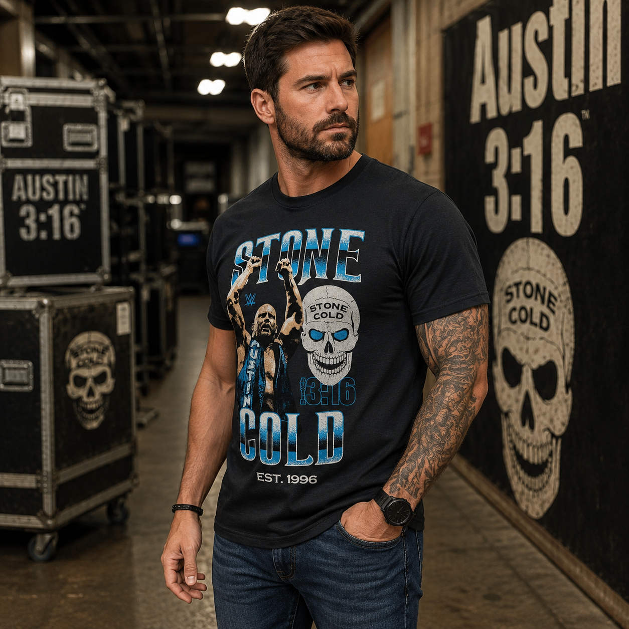 Male model wearing a WWE Stone Cold Steve Austin 3:16 black t-shirt in a backstage arena setting with Austin 3:16 signs, wrestling equipment cases, and Stone Cold skull graphics in the background.