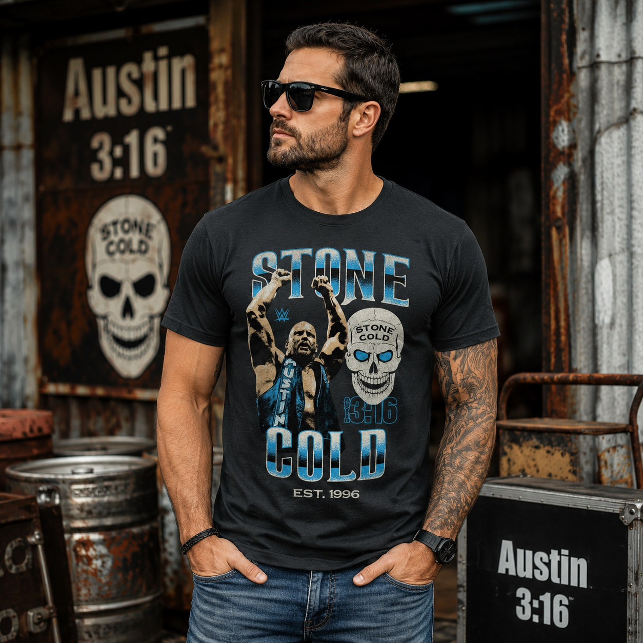 Male model wearing a WWE Stone Cold Steve Austin 3:16 black t-shirt in an industrial warehouse setting with Austin 3:16 and Stone Cold skull graphics in the background.
