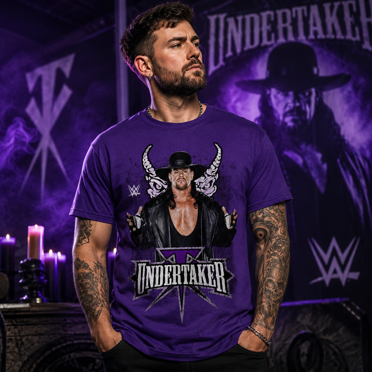 Male model wearing a WWE Undertaker Purple T-Shirt in a dramatic wrestling-inspired setting with purple lighting and Undertaker-themed backdrop