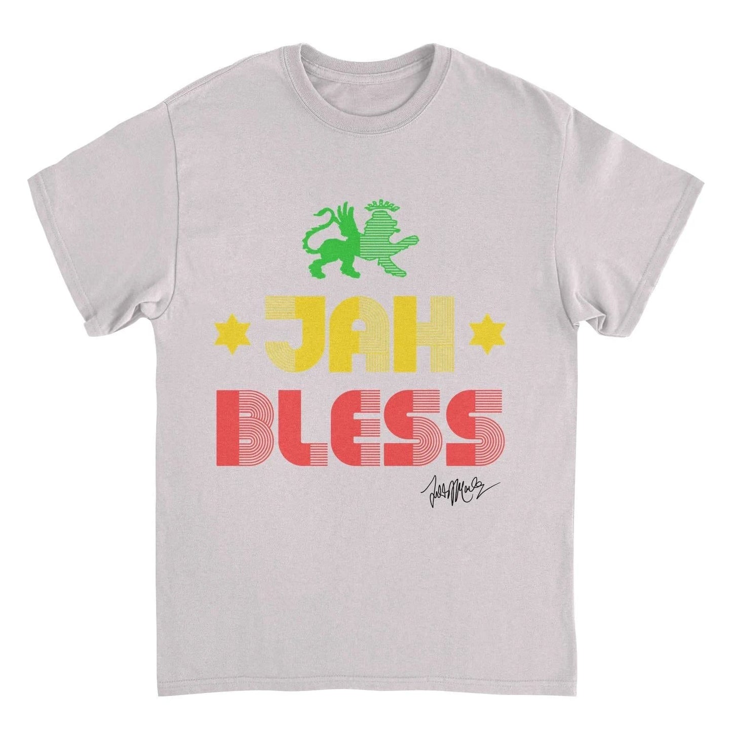 Ziggy Marley Jah Bless Ice Grey T-Shirt featuring a colorful Jah Bless graphic with reggae-inspired green, yellow, and red artwork and Lion of Judah design.
