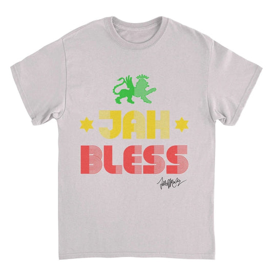 Ziggy Marley Jah Bless Ice Grey T-Shirt featuring a colorful Jah Bless graphic with reggae-inspired green, yellow, and red artwork and Lion of Judah design.