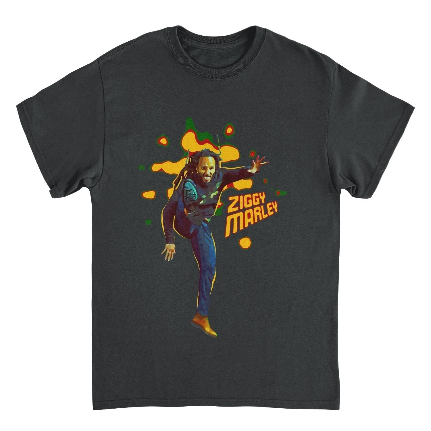 Ziggy Marley Kick Ziggy black t-shirt featuring a colorful action graphic of Ziggy Marley with reggae-inspired artwork and logo text