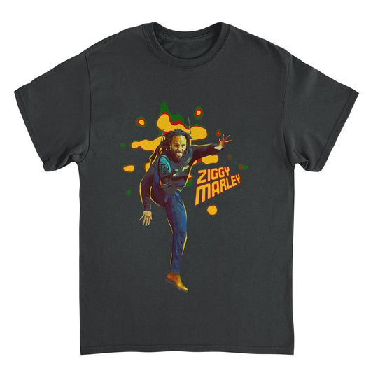 Ziggy Marley Kick Ziggy black t-shirt featuring a colorful action graphic of Ziggy Marley with reggae-inspired artwork and logo text