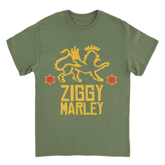 Ziggy Marley Red Star Lion Military Green T-Shirt featuring a gold lion graphic with red stars and Ziggy Marley text on a military green tee