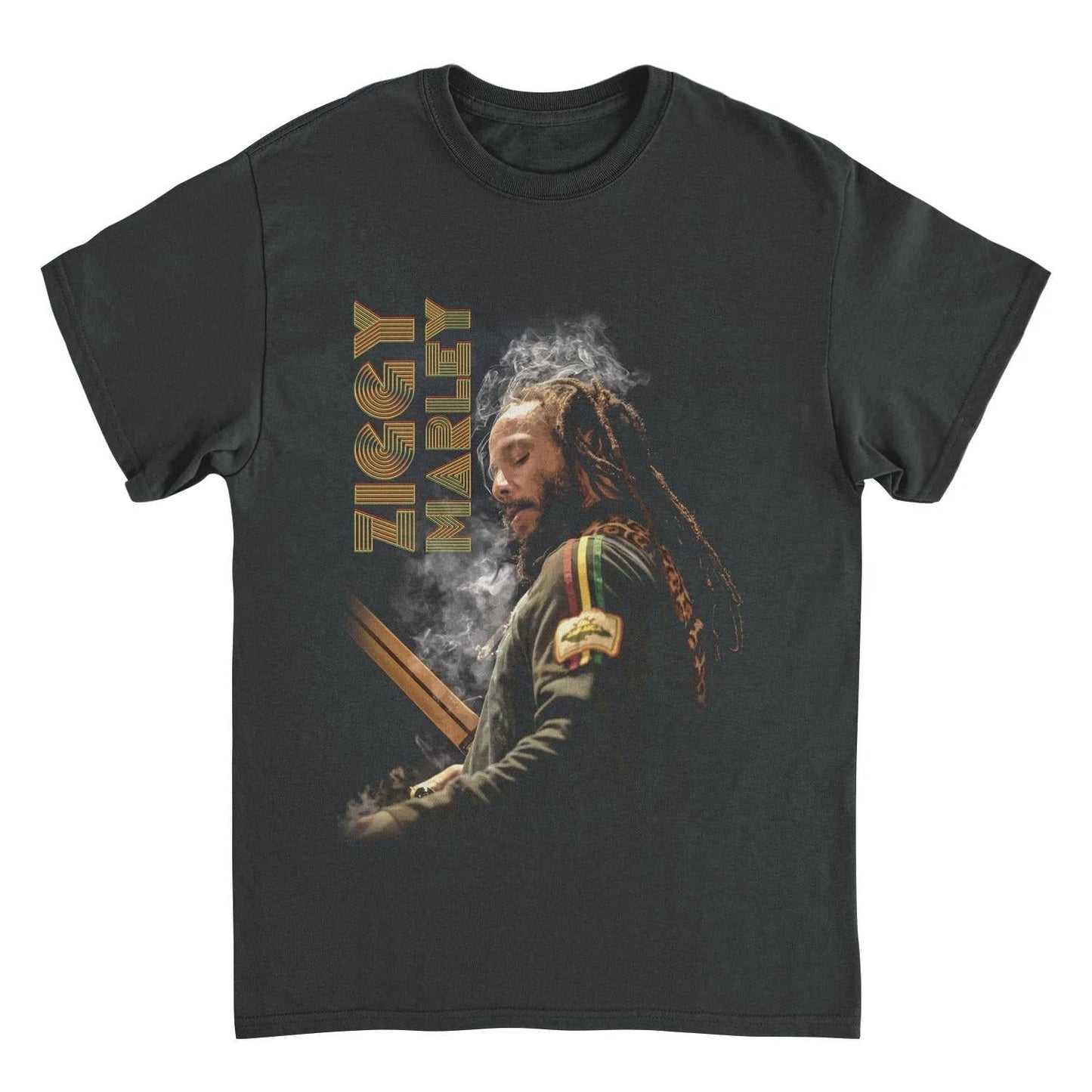 Ziggy Marley Smoke Ziggy Black T-Shirt featuring a striking portrait of Ziggy Marley with smoky visual effects and retro-style lettering on a black graphic tee.