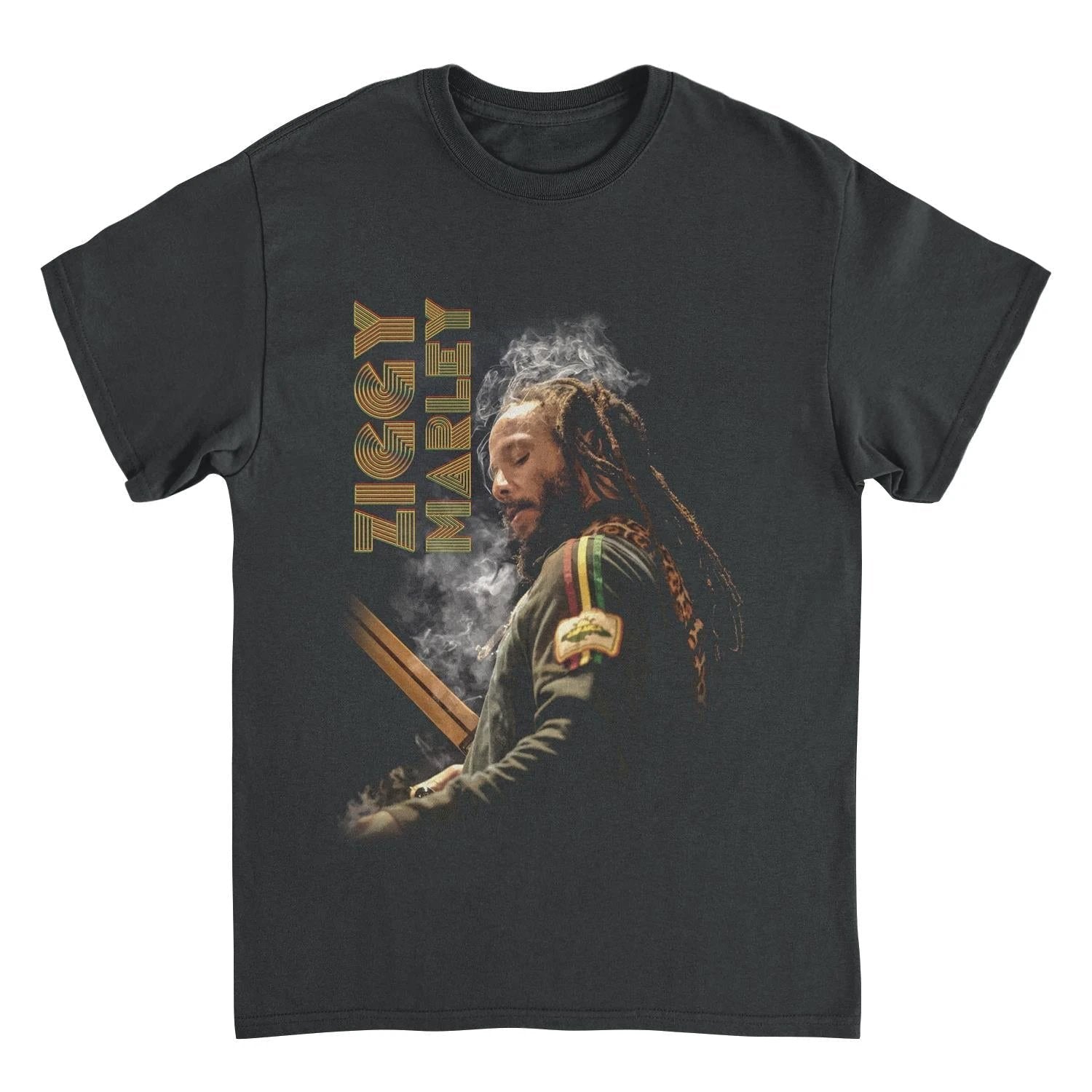 Ziggy Marley Smoke Ziggy Black T-Shirt featuring a striking portrait of Ziggy Marley with smoky visual effects and retro-style lettering on a black graphic tee.