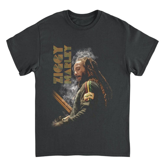 Ziggy Marley Smoke Ziggy Black T-Shirt featuring a striking portrait of Ziggy Marley with smoky visual effects and retro-style lettering on a black graphic tee.