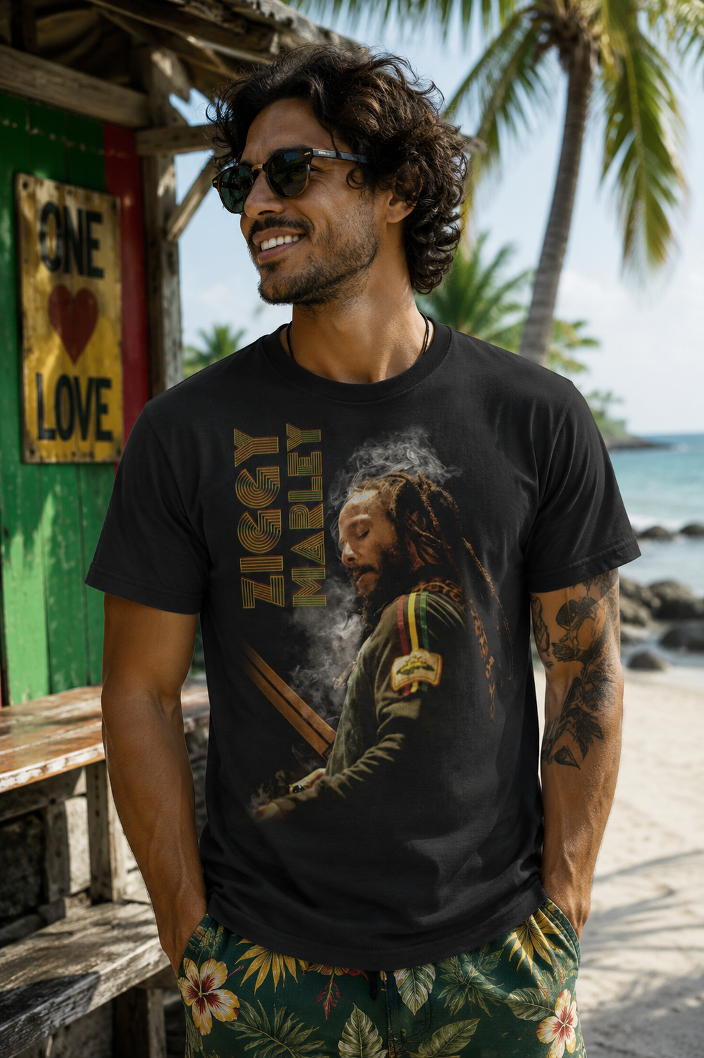 Male model wearing a Ziggy Marley Smoke Ziggy Black T-Shirt on a tropical beach with palm trees, ocean views, and reggae-inspired surroundings in the background.